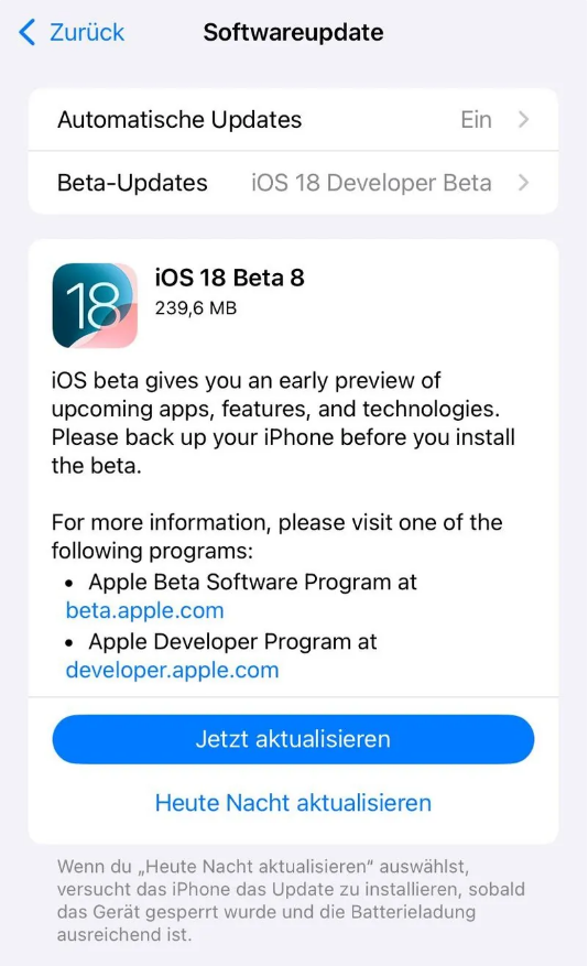 青川苹果手机维修分享苹果 iOS / iPadOS 18 开发者预览版 Beta 8 发布 